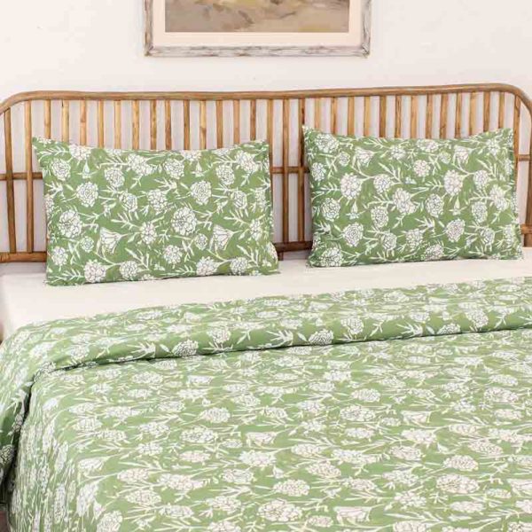 Green Genda Phool Cotton Duvet Cover | Single Size  | 60 x 90 inches For Sale