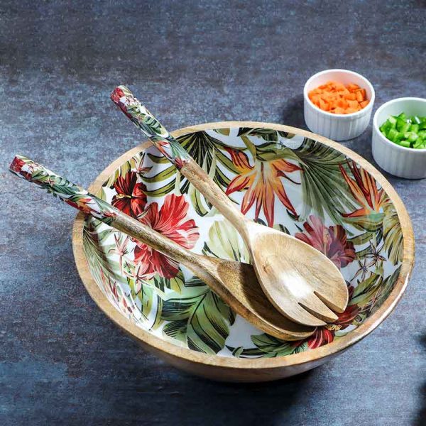 Tropical Paradise Print Wooden Salad Bowl With 2 Servers | Set of 3 Cheap