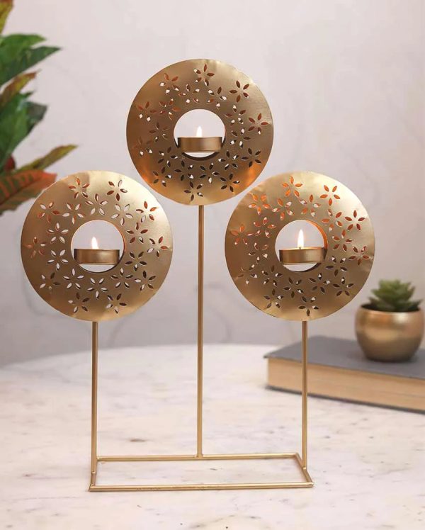 Round Three Circle Design Tealight Holder | Gold Hot on Sale