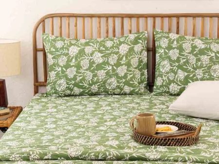 Green Genda Phool Cotton Bedding Set With Pillow Cover | Double Size | 90 x 108 Inches Online Hot Sale