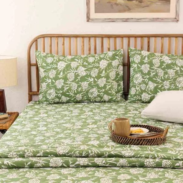 Green Genda Phool Cotton Bedding Set With Pillow Cover | Double Size | 90 x 108 Inches Online Hot Sale