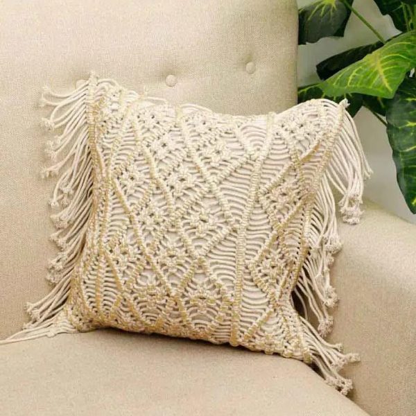 Diamonds Macrame Cotton Cushion Cover | 16 x 16 Inches on Sale