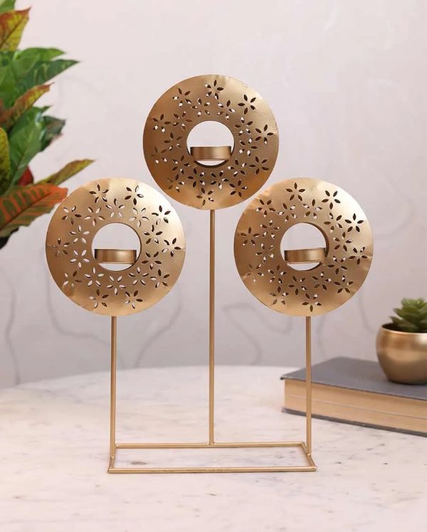 Round Three Circle Design Tealight Holder | Gold Hot on Sale