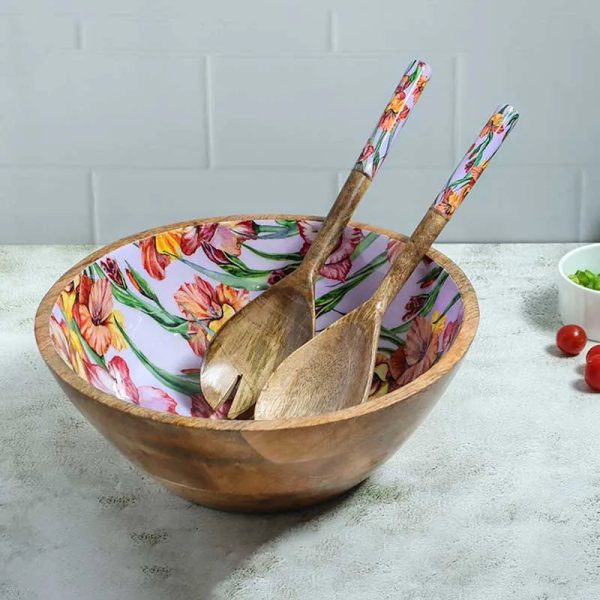 Gladiolus Harmony Print Wooden Salad Dip Bowl With 2 Servers | Set of 1 Bowl With 2 Servers on Sale