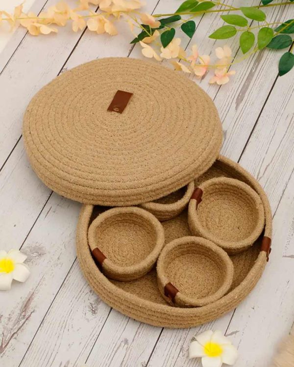 Zen Cotton Basket Tray With Small Round Bowls For Cheap