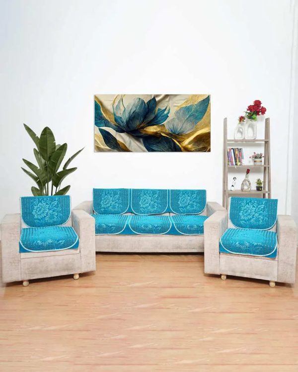 ONLY SOFA COVER | Blue Floral Velvet Sofa Cover 5 Seater | 68 X 26 Inches For Sale