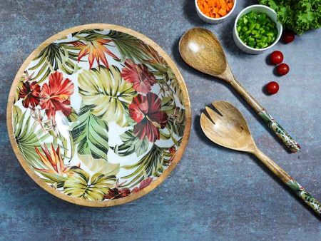 Tropical Paradise Print Wooden Salad Bowl With 2 Servers | Set of 3 Cheap