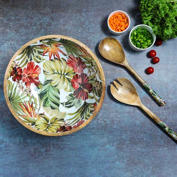 Tropical Paradise Print Wooden Salad Bowl With 2 Servers | Set of 3 Cheap