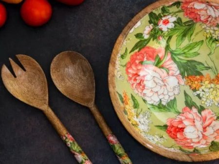 Floral Wooden Salad Bowl With Servers Online