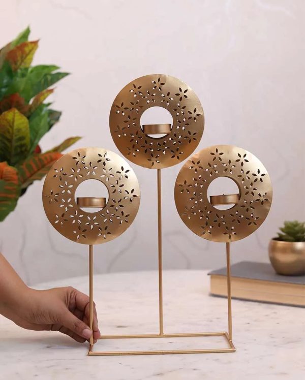 Round Three Circle Design Tealight Holder | Gold Hot on Sale