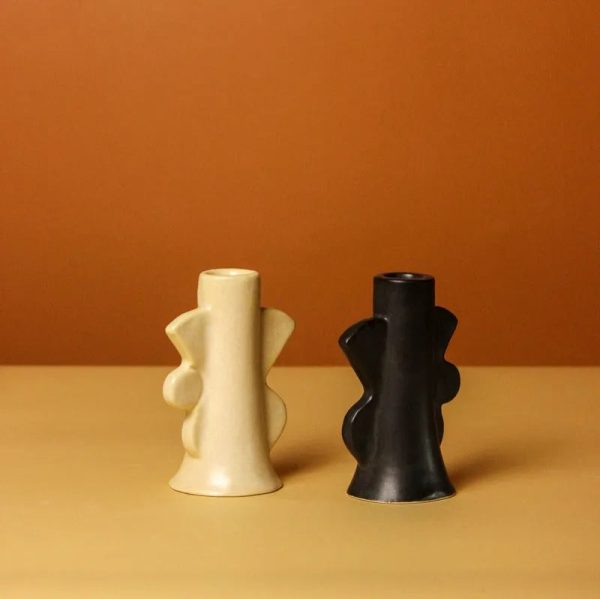 Beige & Black Abstract Design Ceramic Candle Holders | Set of 2 | 3 x 4 inches For Discount