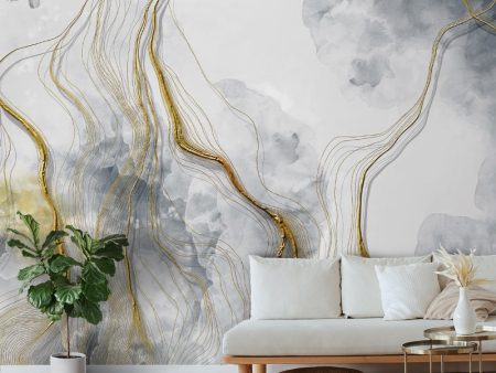 3D Design Marble With Gold Colorful Lines Wallpaper on Sale