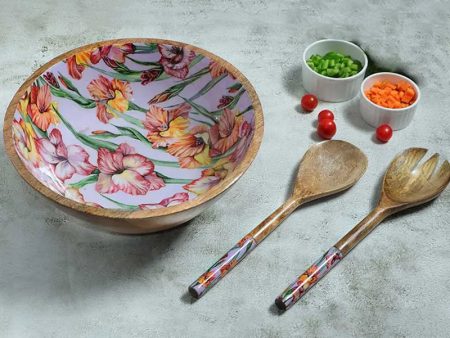 Gladiolus Harmony Print Wooden Salad Dip Bowl With 2 Servers | Set of 1 Bowl With 2 Servers on Sale