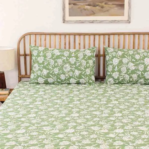 Green Genda Phool Cotton Bedding Set With Pillow Cover | Double Size | 90 x 108 Inches Online Hot Sale