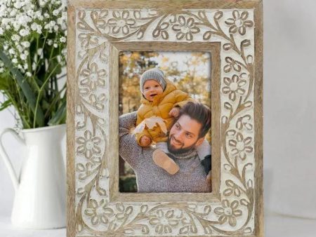 White Photo Frame with Wooden Carving Online now