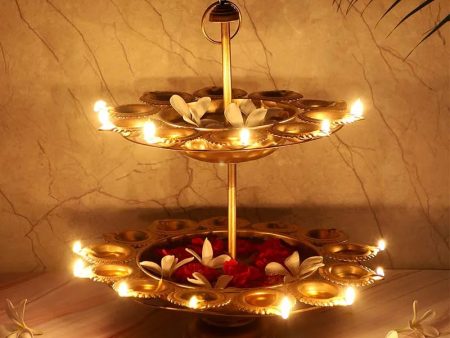 Golden Double Lotus Layered Design Urli Diya For Sale