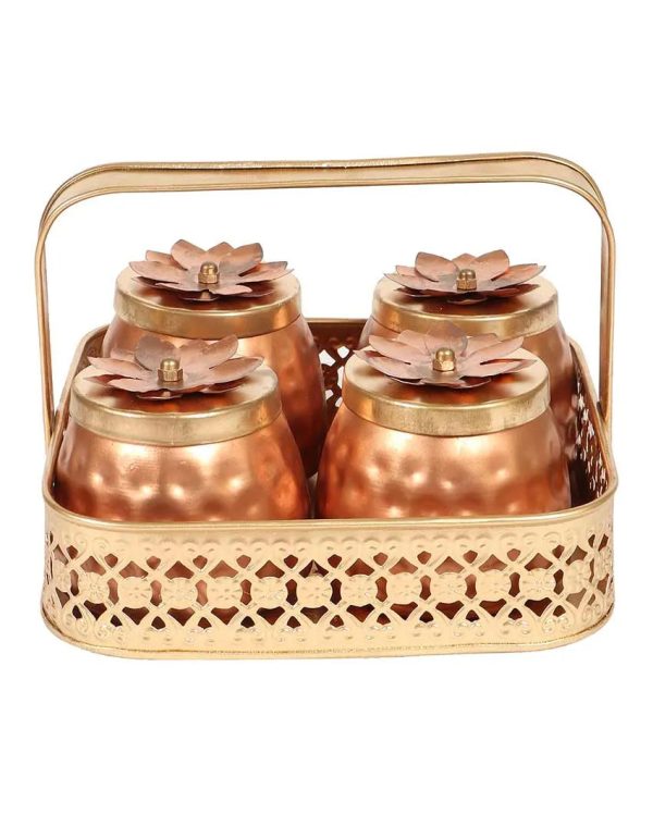 Copper Looking Handle Basket with Jars on Sale