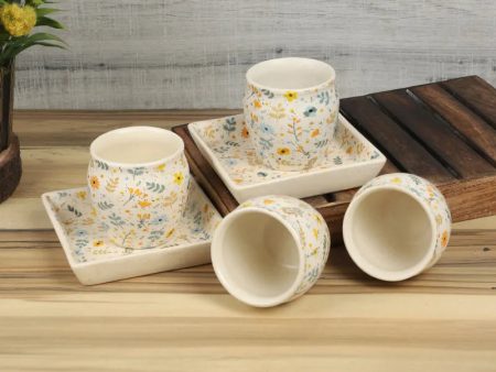 Sun Flower Print Kullad with Tray Set | Set of 4 Kulhad & 2 Plates Discount