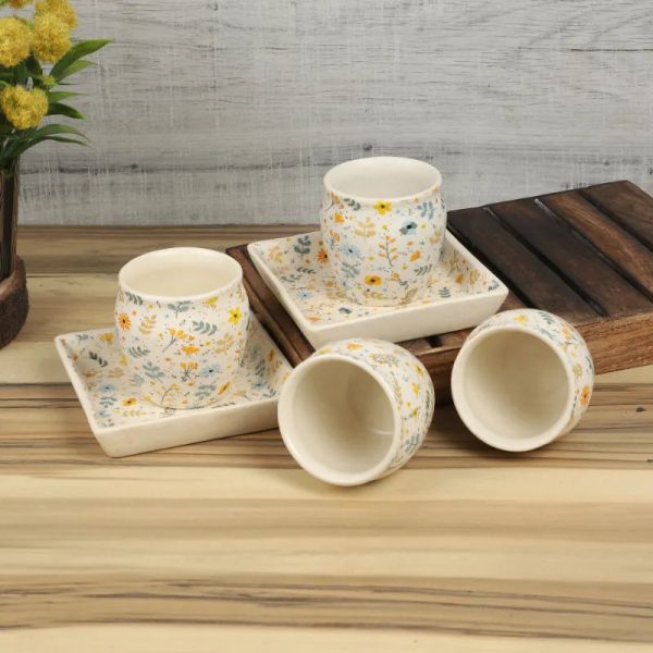 Sun Flower Print Kullad with Tray Set | Set of 4 Kulhad & 2 Plates Discount