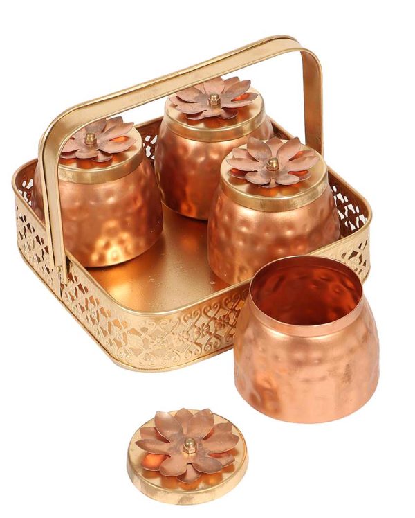 Copper Looking Handle Basket with Jars on Sale